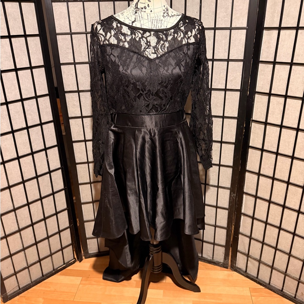 🎯Asymmetric Satin Lace Y2k long sleeve Prom Holiday Evening Formal goth dress L